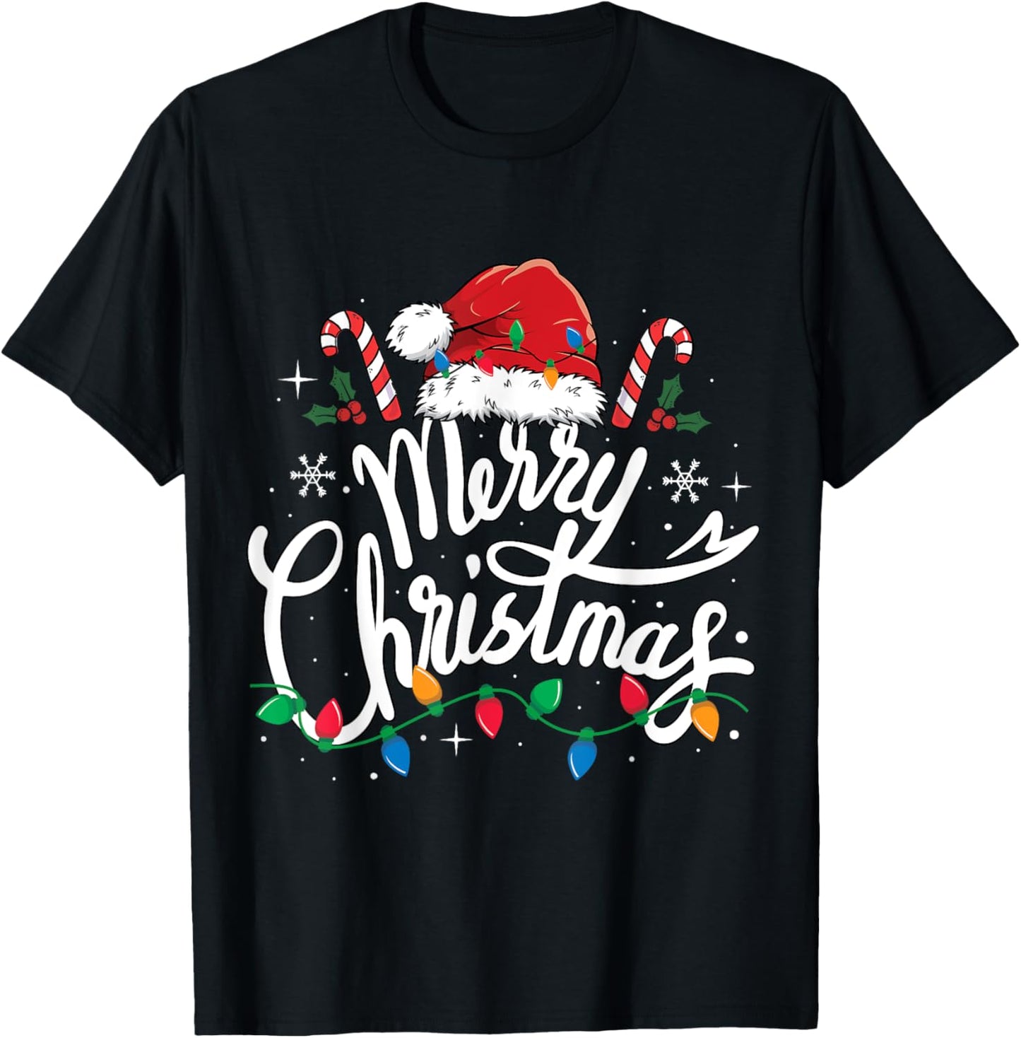 Merry Christmas Lights Red Santa Hat Xmas Family Men Women T-Shirt - T-Shirt | Black