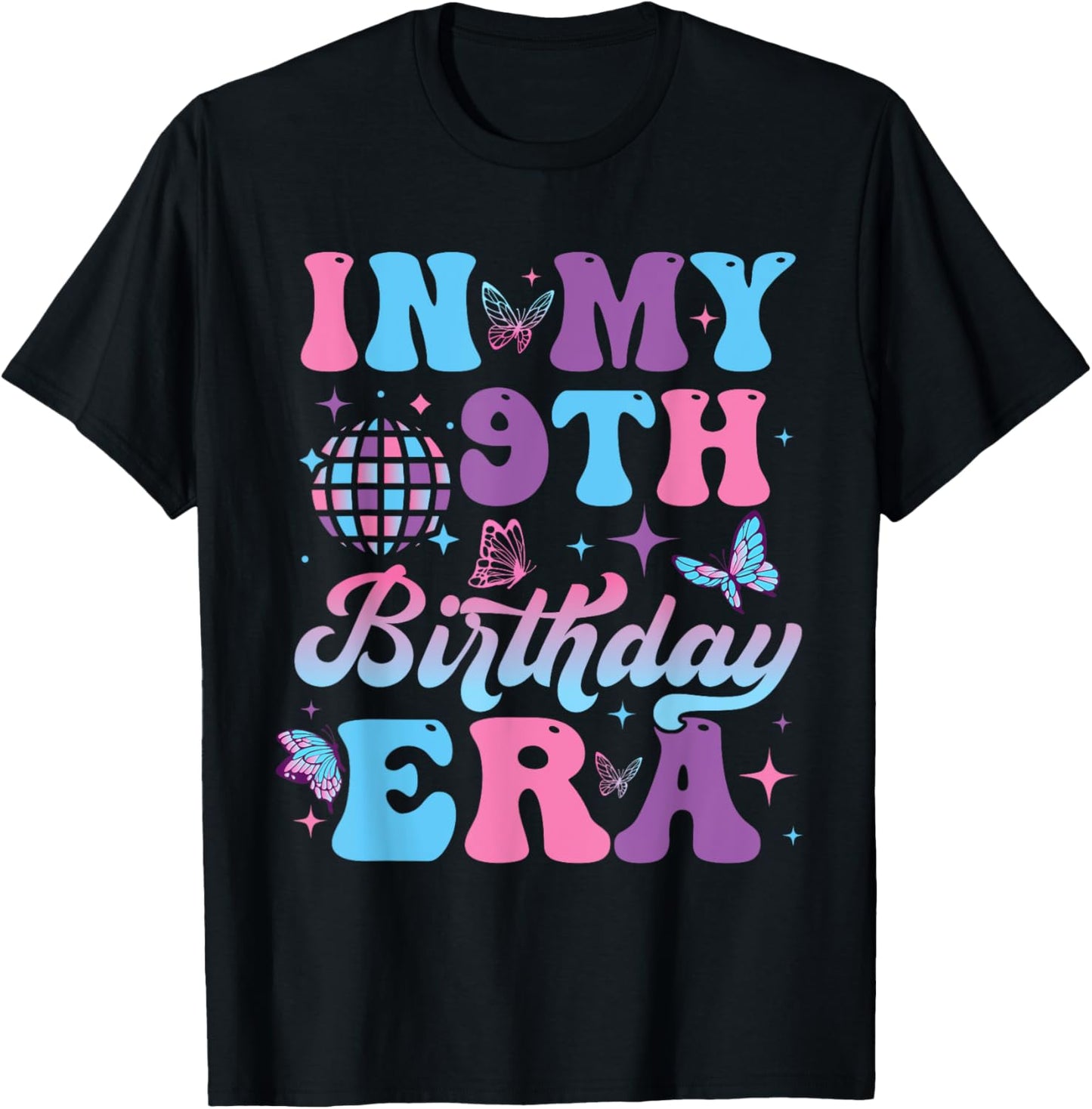 Groovy In My 9th Birthday Era Nine 9 years Old Birthday T-Shirt - T-Shirt | Black
