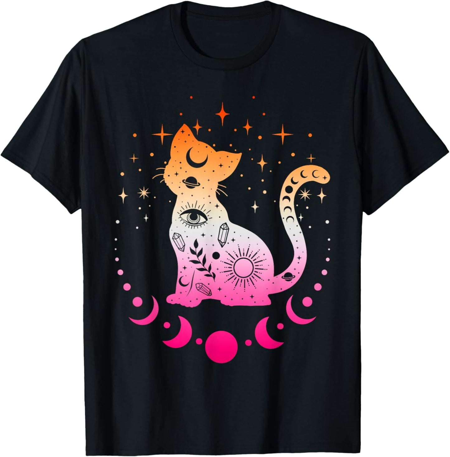 Lesbian Astrology Cat, Moon Phases Lesbian Pride Flag Colors T-Shirt - T-Shirt | Black