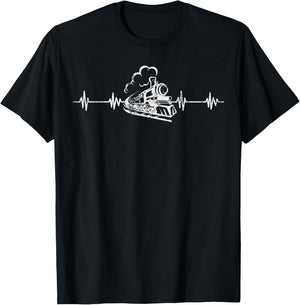 Funny Train Lover Heartbeat EKG Trains Operator Engineer T-Shirt - T-Shirt | Black