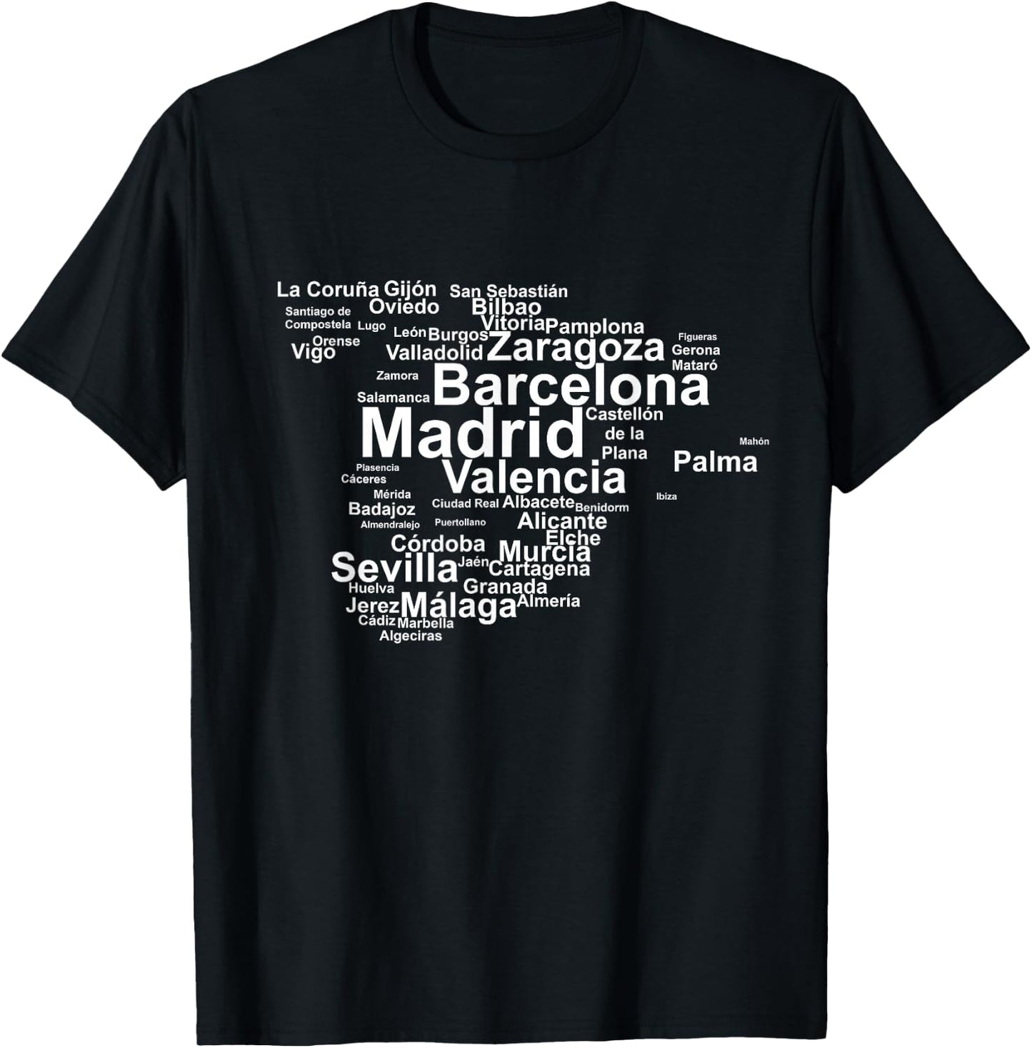 Spain Map Silhouette Towns Cities Madrid Travel Espana T-Shirt - T-Shirt | Black