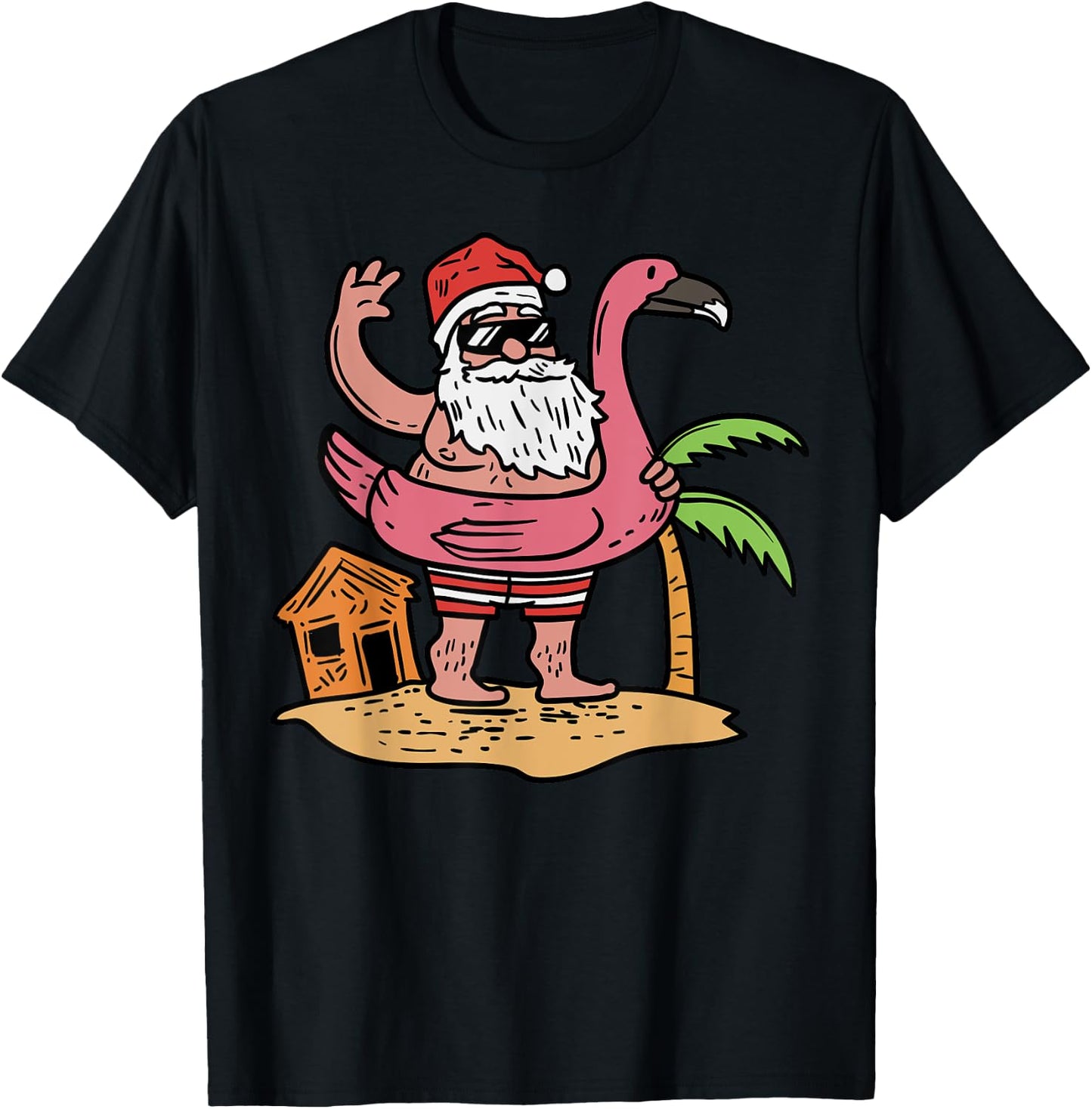 Summer Santa Flamingo Floater Funny Christmas In July Gift T-Shirt - T-Shirt | Black