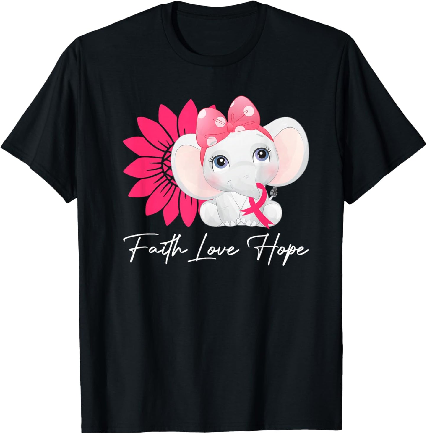 Breast Cancer Cute Elephant With Sunflower and Pink Ribbon T-Shirt - T-Shirt | Black