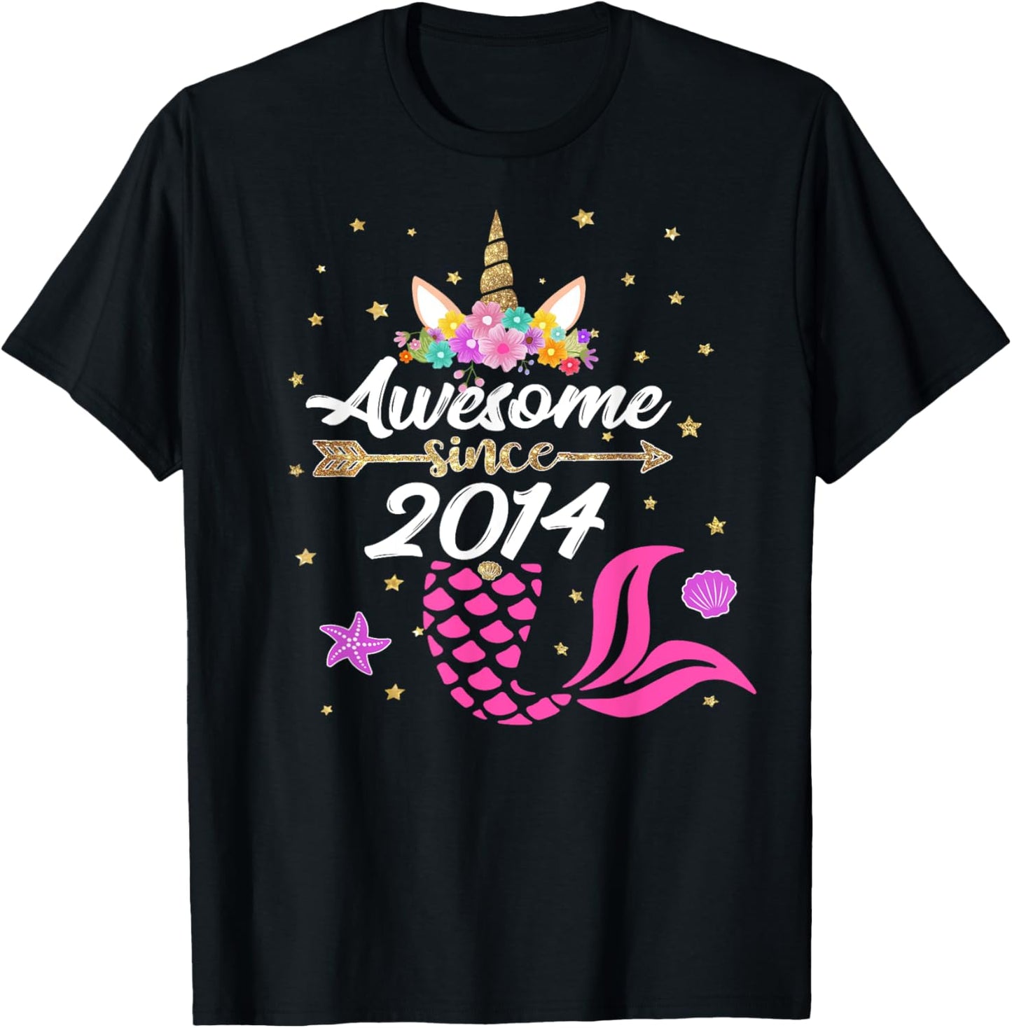 Unicorn Shirt Mermaid Birthday - Awesome Since 2014 Gift T-Shirt - T-Shirt | Black