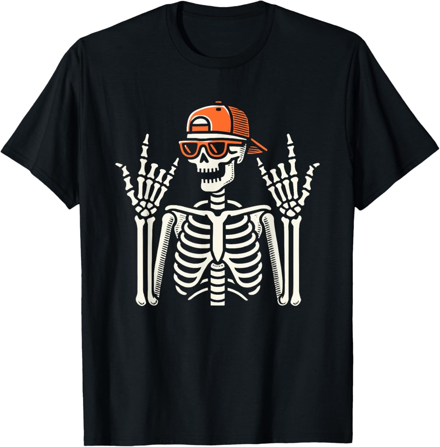 Rocker Skeleton With Cap, Halloween, Men, Rock Hand, Skater T-Shirt - T-Shirt | Black