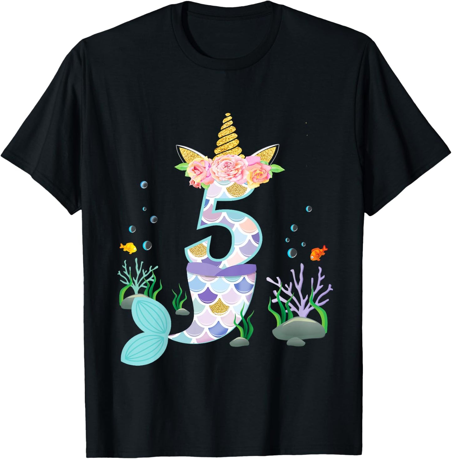 5 Year Old Unicorn Mermaid Birthday Theme Tail Girl 5th Gift T-Shirt - T-Shirt | Black