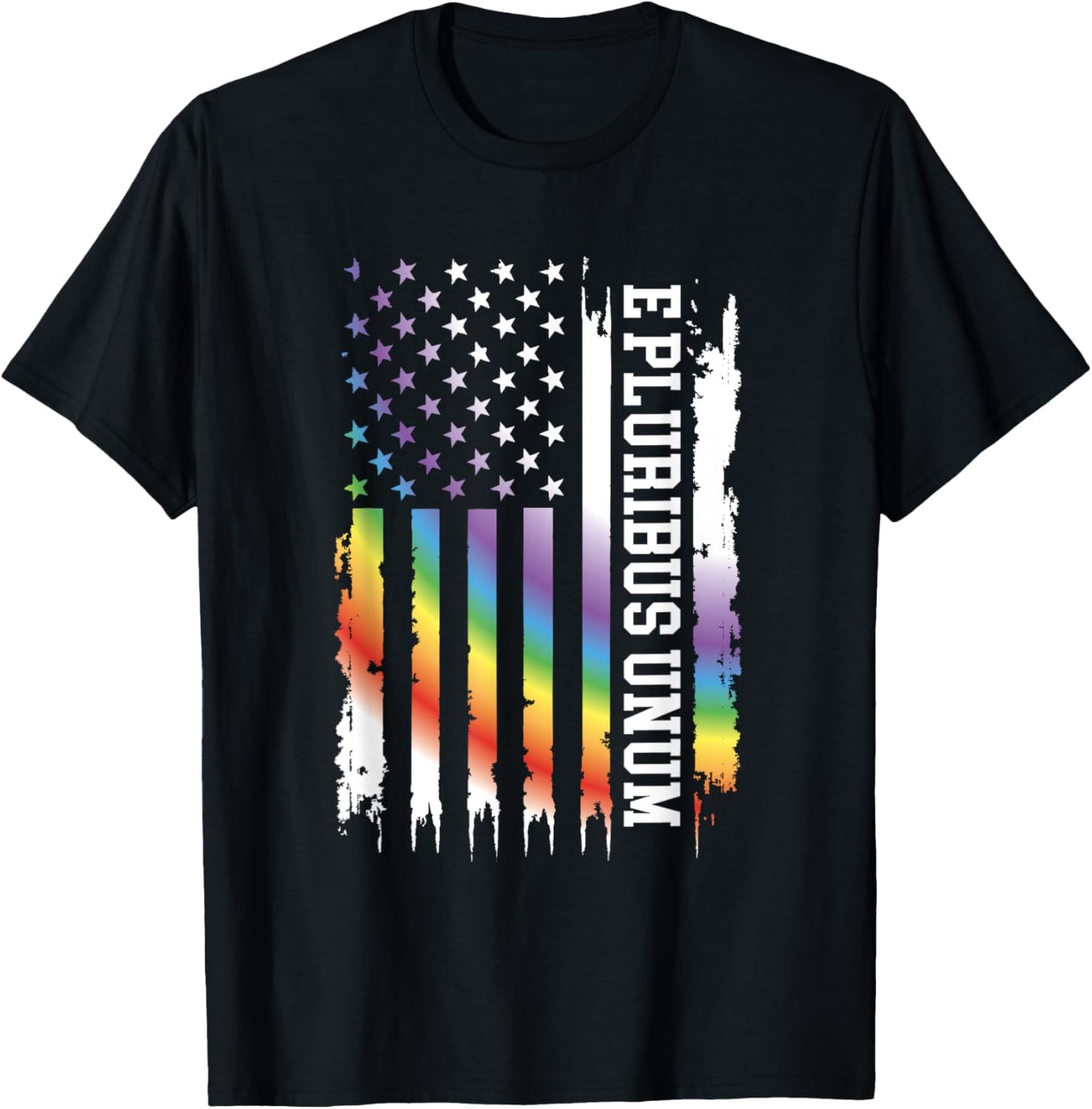 E Pluribus Unum United States Distressed Rainbow w US Flag T-Shirt - T-Shirt | Black