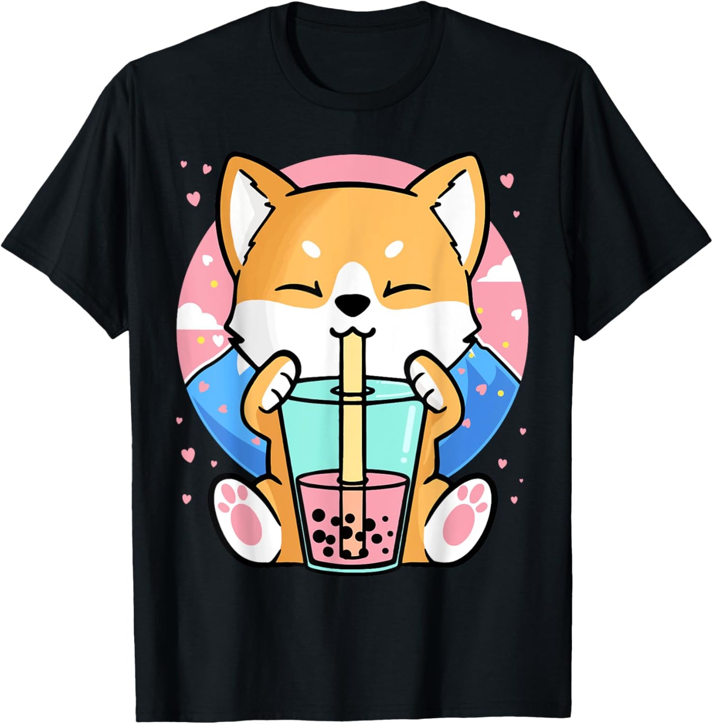 Kawaii Corgi Dog Bubble Tea Boba Anime Neko Japanese Women Girls Kids T-Shirt - T-Shirt | Black