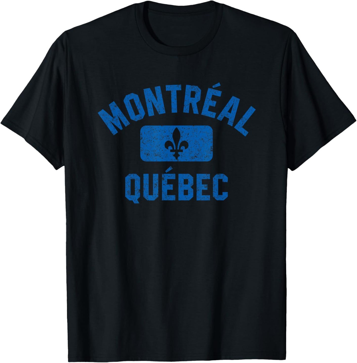 Montreal Quebec Fleur de Lys Gym Style Distressed Blue Print T-Shirt - T-Shirt | Black