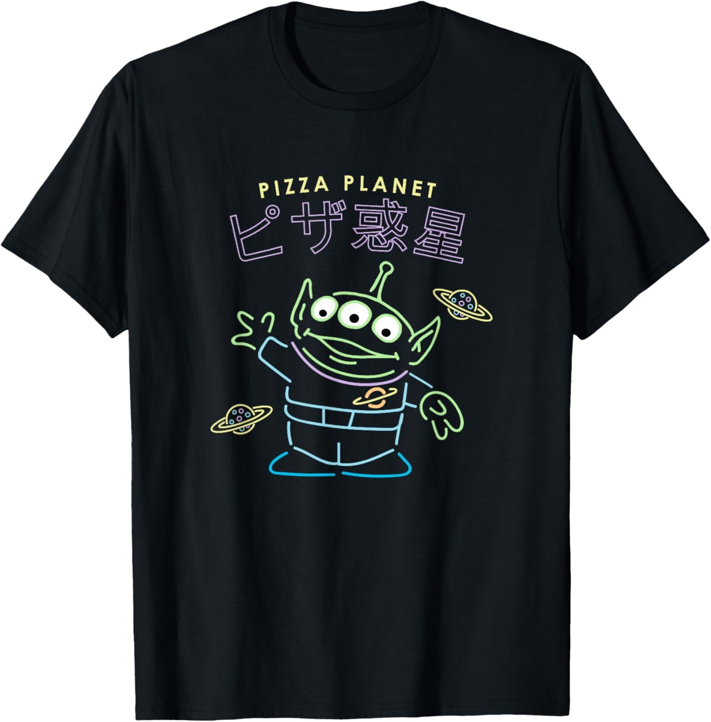 Disney Pixar Toy Story Pizza Planet Alien Neon Kanji Poster T-Shirt - T-Shirt | Black