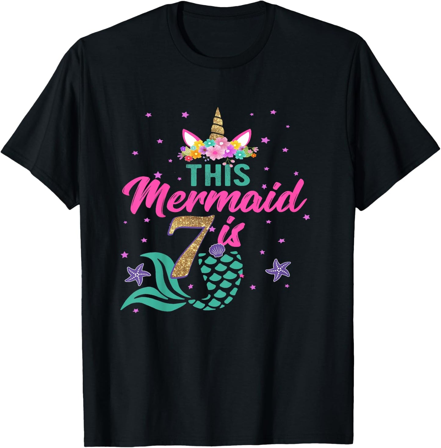 Kids 7th Birthday Girl Unicorn Shirt Mermaid Tail 7 Years Old T-Shirt - T-Shirt | Black