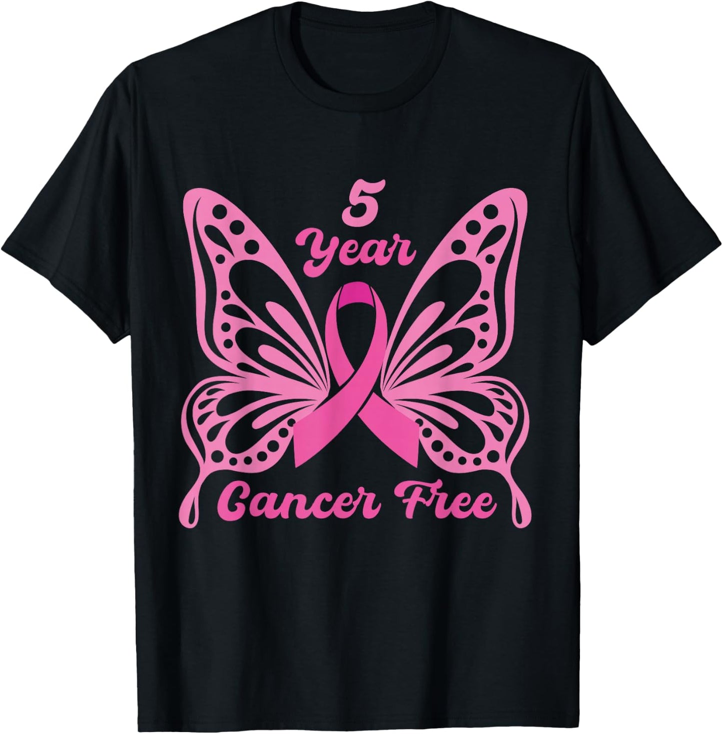 5 Year Cancer Free Breast Cancer Awareness Butterfly Women T-Shirt - T-Shirt | Black