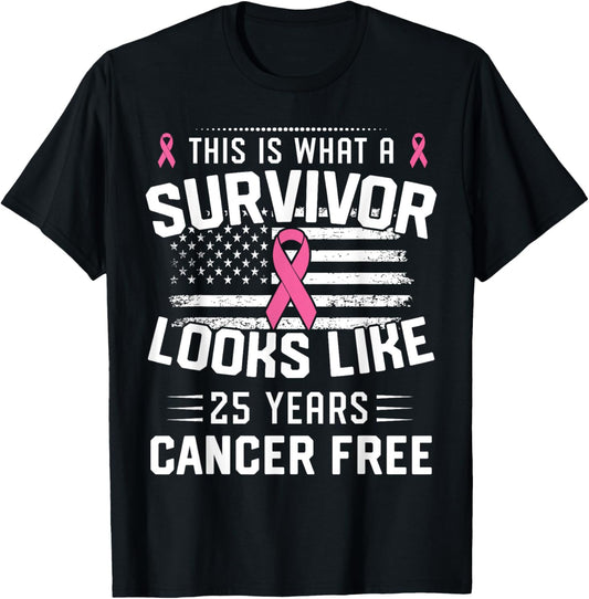 Breast Cancer 25 Years Survivor Of Being Breast Cancer Free T-Shirt - T-Shirt | Black