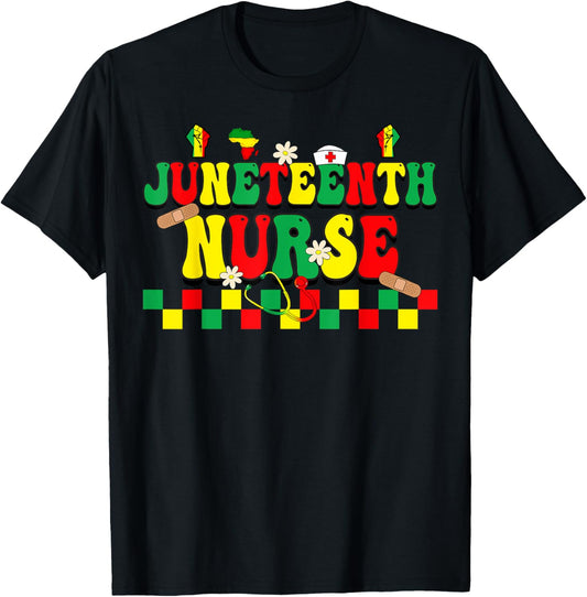 Juneteenth Black Nurse Retro 1865 Groovy Scrub Top Men Women T-Shirt - T-Shirt | Black