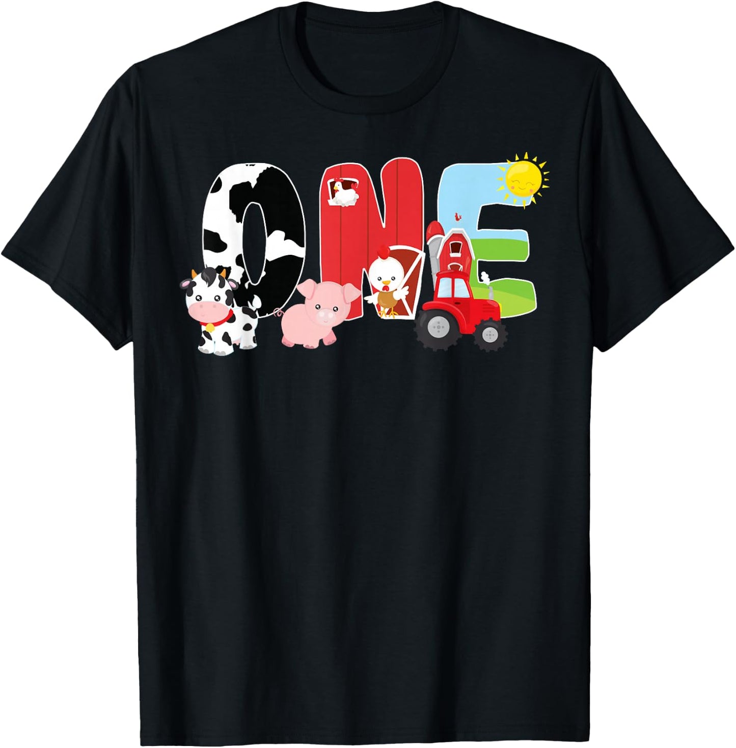Farm Animals 1st Birthday Barnyard 1 Year Old Baby Birthday T-Shirt - T-Shirt | Black