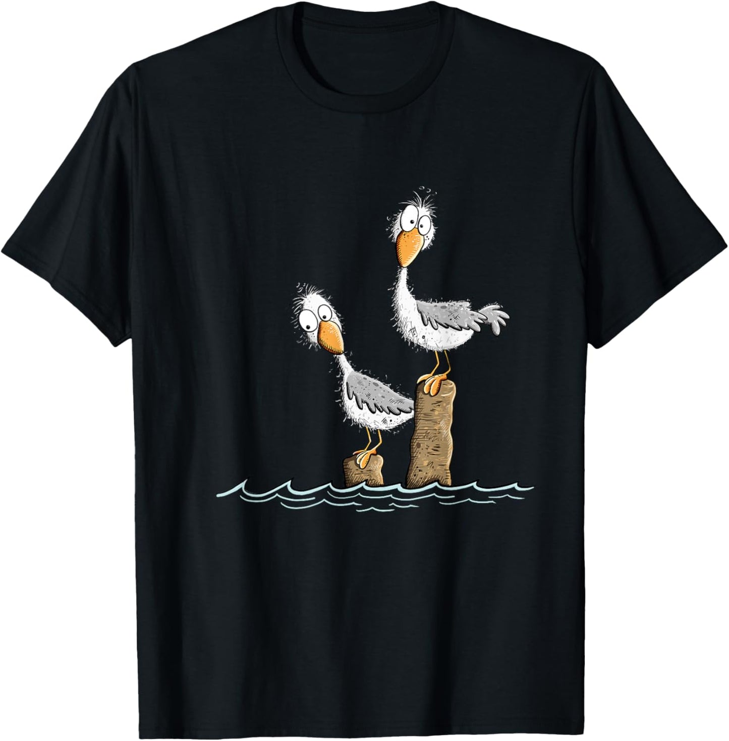 Funny Gulls on the Wharf Design Cartoon Sea Bird , Black, S T-Shirt - T-Shirt | Black