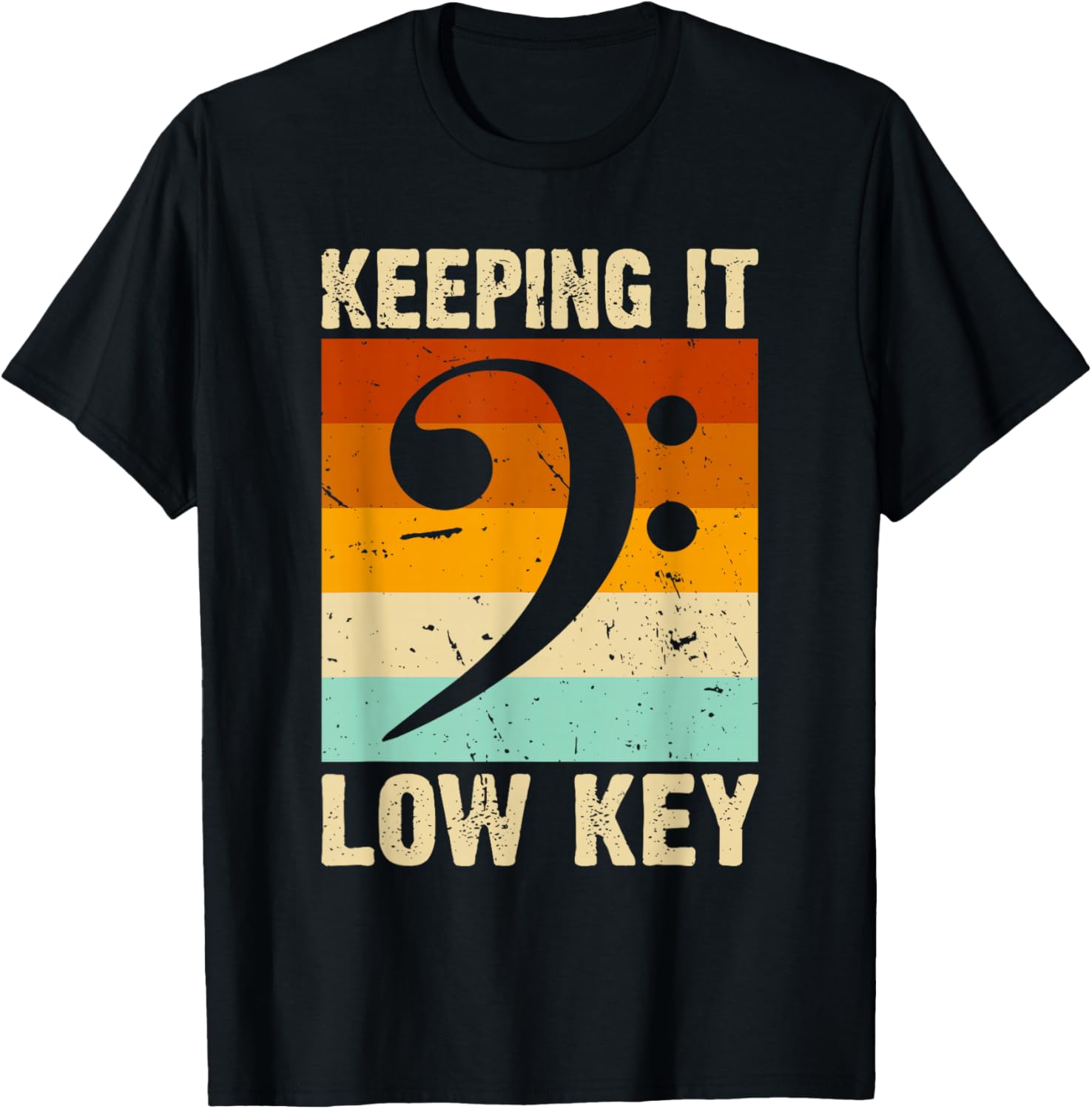 Retro Bass Clef Music Keeping it Low Key Musician Humor T-Shirt - T-Shirt | Black