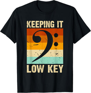 Retro Bass Clef Music Keeping it Low Key Musician Humor T-Shirt - T-Shirt | Black