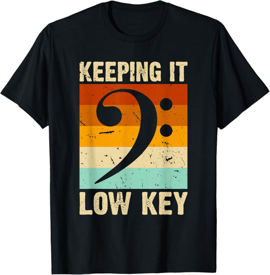 Retro Bass Clef Music Keeping it Low Key Musician Humor T-Shirt - T-Shirt | Black