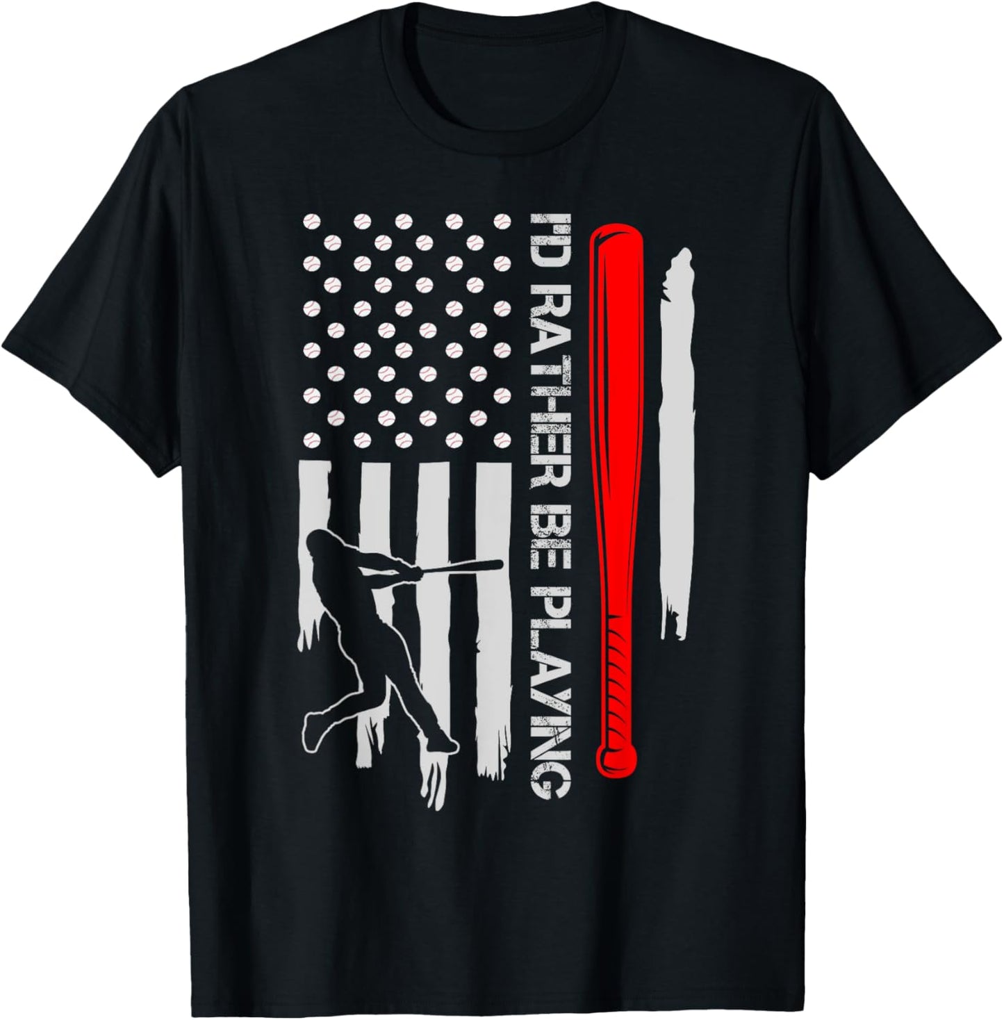 Vintage USA Flag Baseball Player, I'd Rather Be Playing Women Kids Men T-Shirt - T-Shirt | Black