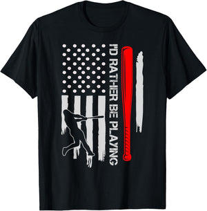 Vintage USA Flag Baseball Player, I'd Rather Be Playing Women Kids Men T-Shirt - T-Shirt | Black