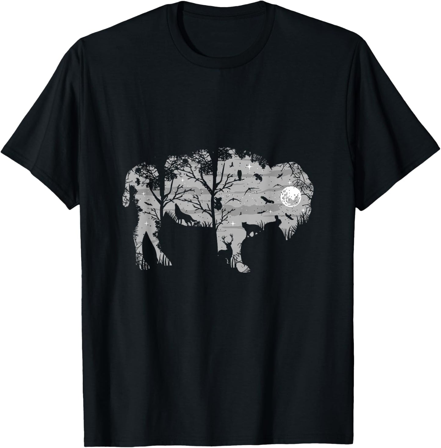 Forest Moon Bison Silhouette Wild Animals American Buffalo T-Shirt - T-Shirt | Black