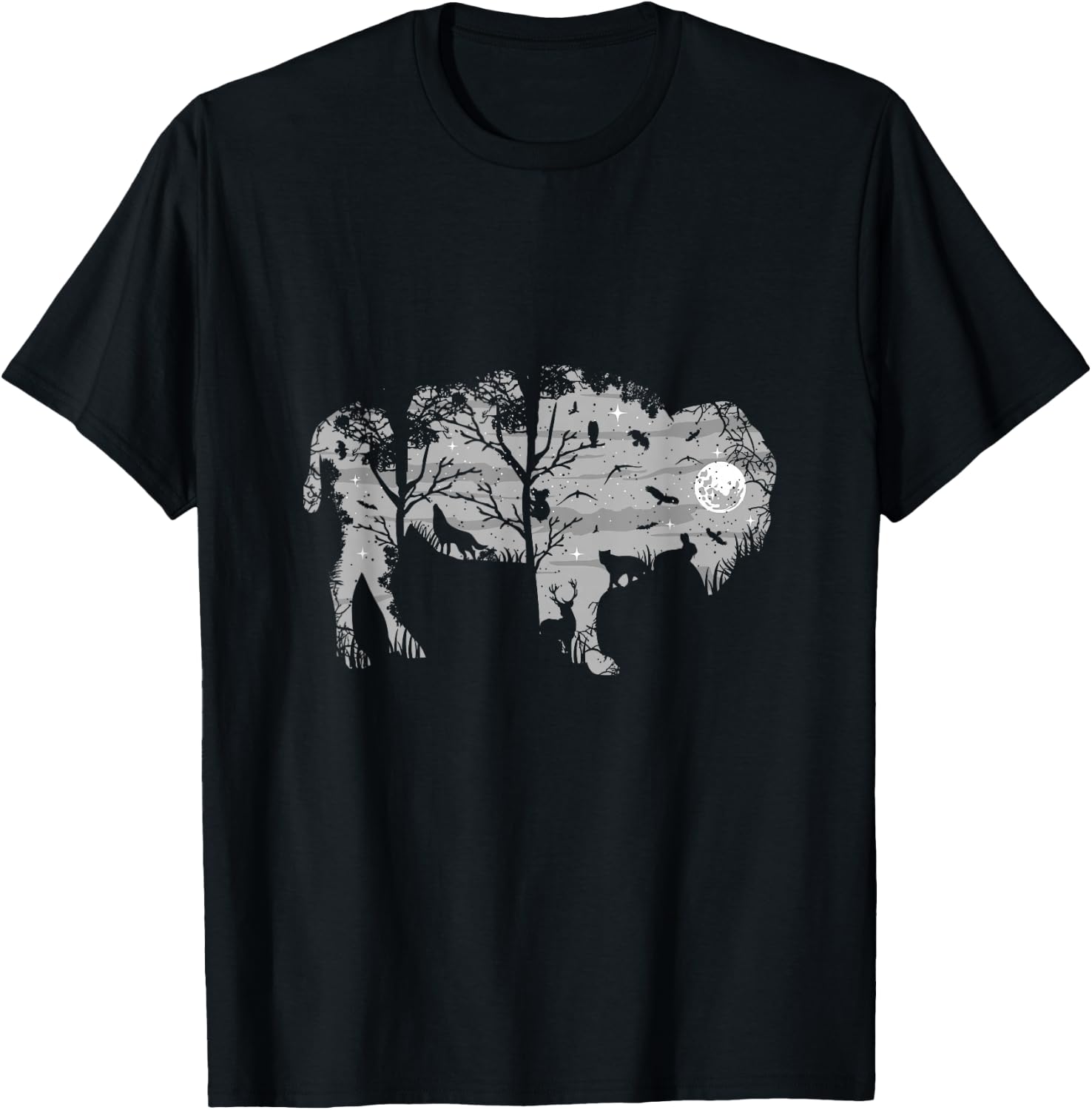 Forest Moon Bison Silhouette Wild Animals American Buffalo T-Shirt - T-Shirt | Black
