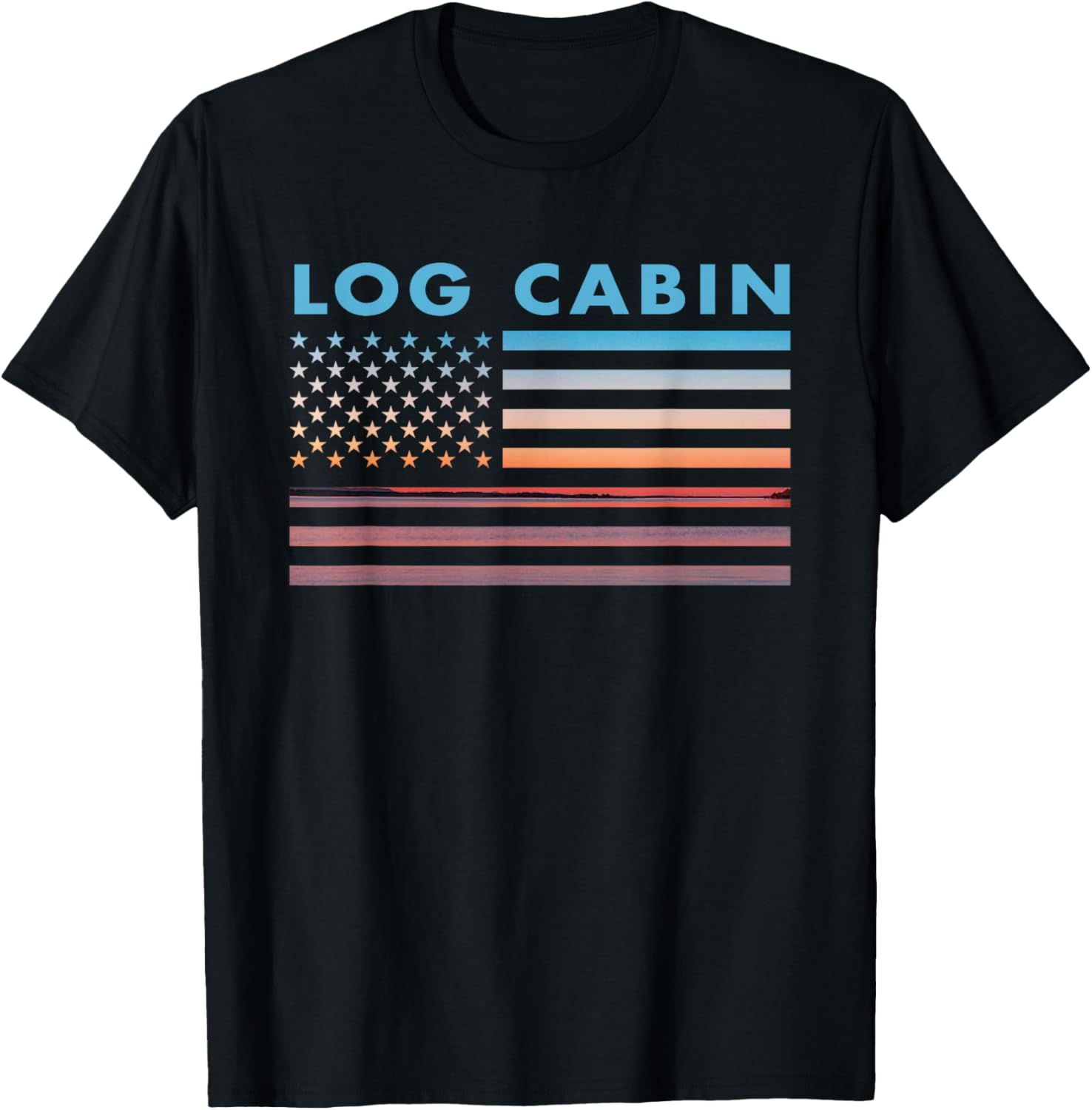Vintage Sunset American Flag Log Cabin, Texas Women Men T-Shirt - T-Shirt | Black