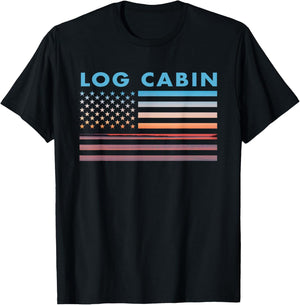 Vintage Sunset American Flag Log Cabin, Texas Women Men T-Shirt - T-Shirt | Black