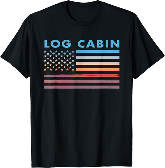Vintage Sunset American Flag Log Cabin, Texas Women Men T-Shirt - T-Shirt | Black