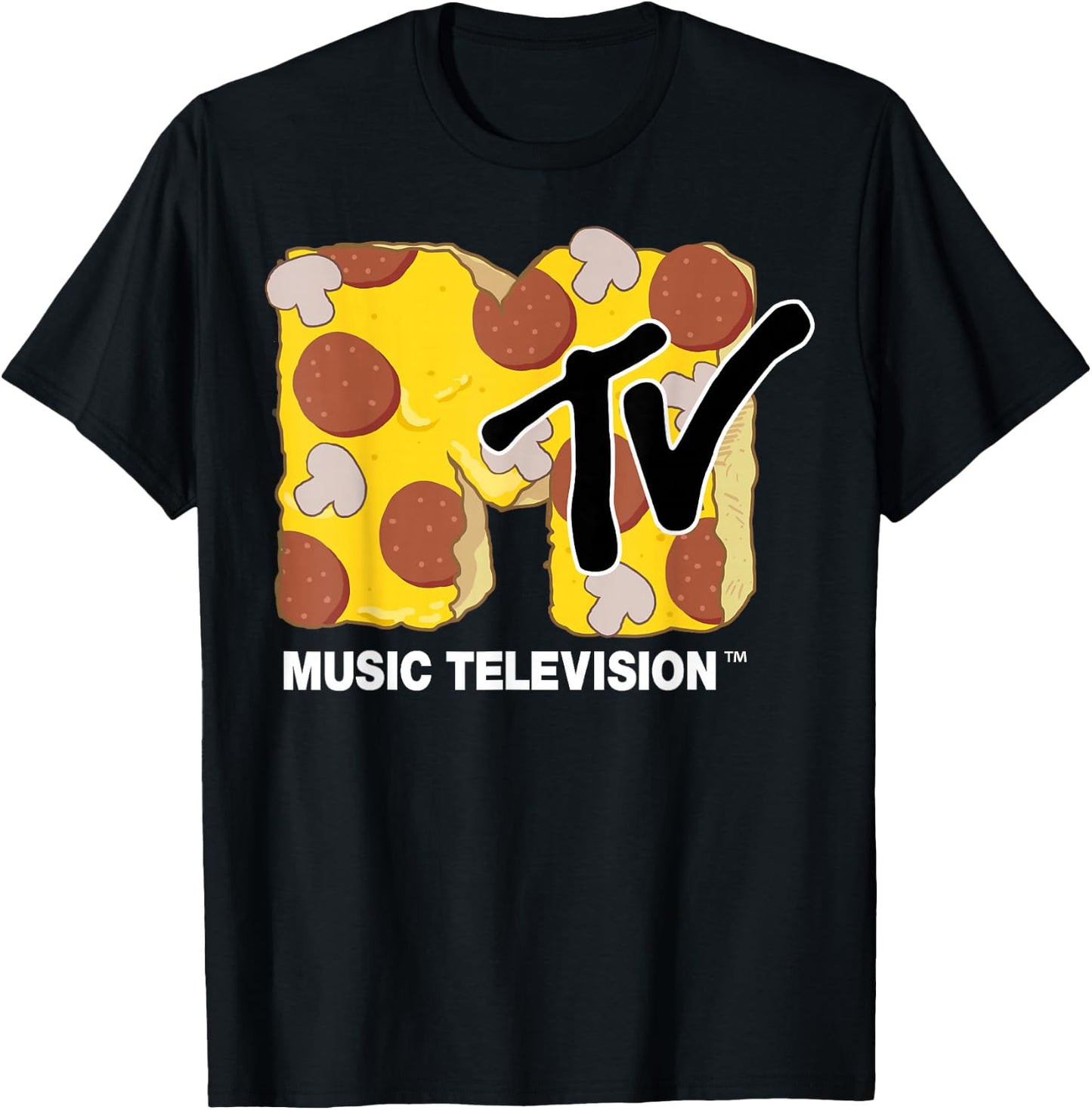 MTV Mushroom and Pepperoni Pizza MTV Logo Graphic T-Shirt - T-Shirt | Black
