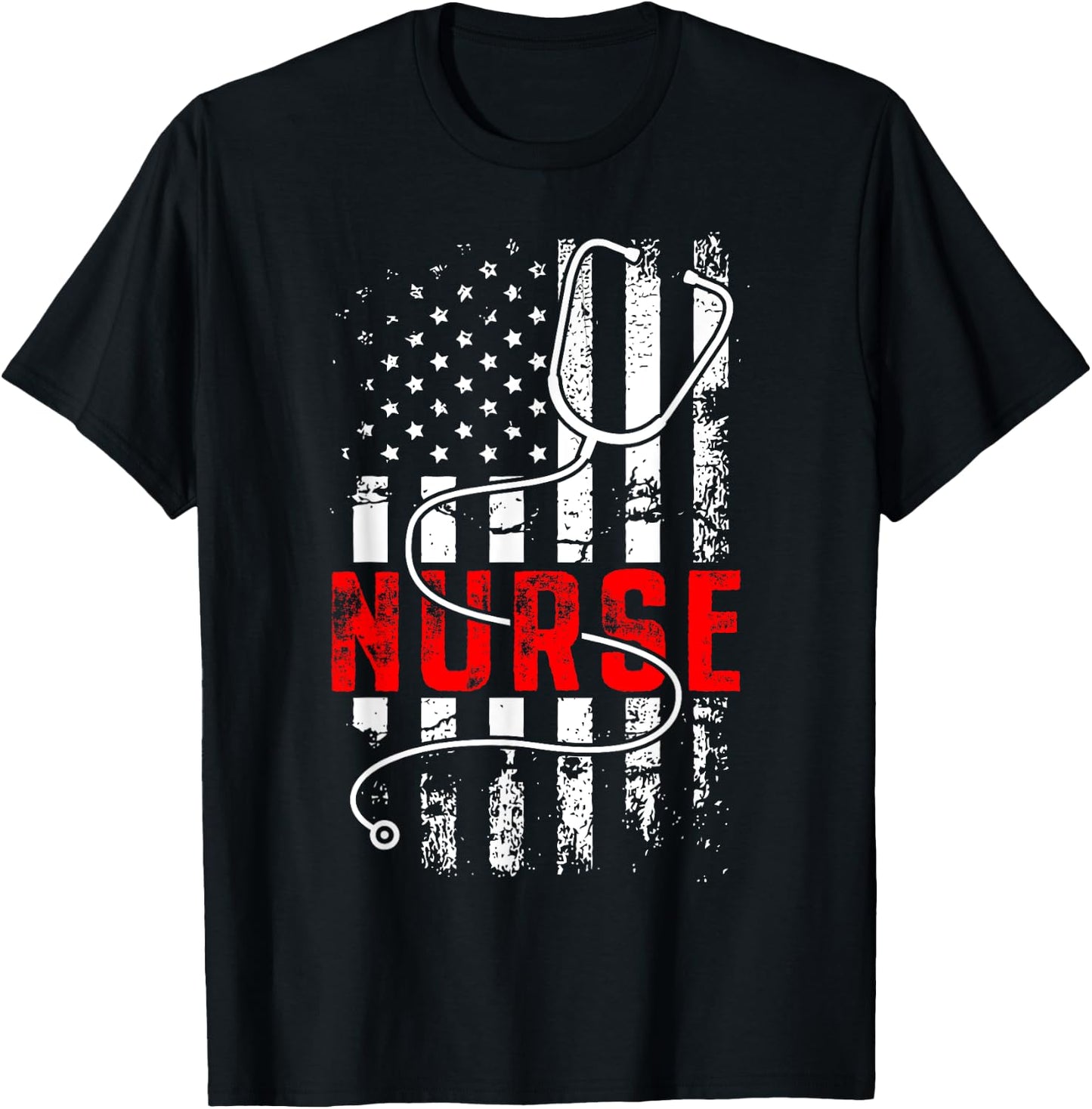 Patriotic Nurse USA Flag Stethoscope Funny Nurse Careers T-Shirt - T-Shirt | Black