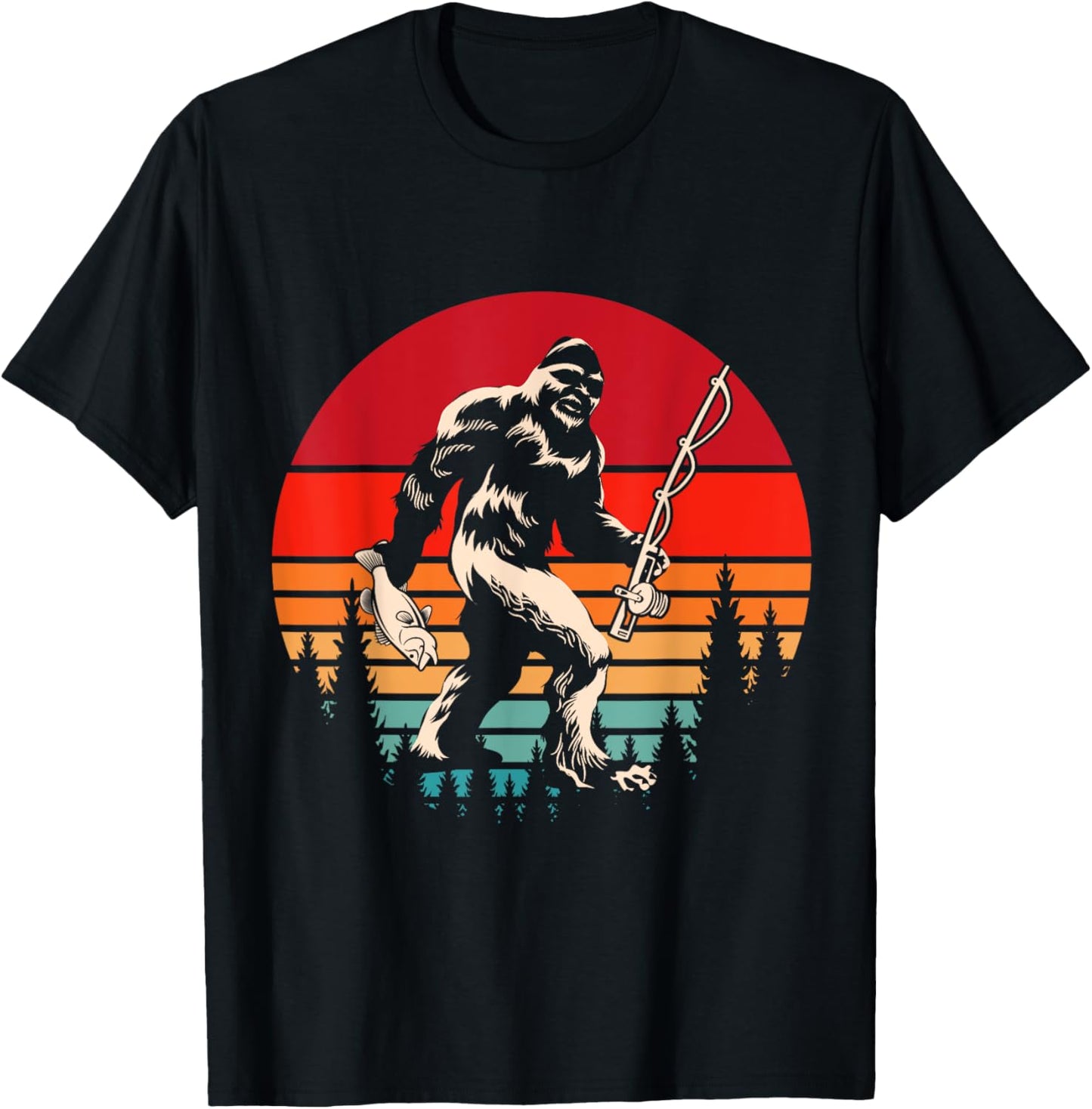 Retro Yeti Sasquatch Cryptid Fishermen Gift Fishing Bigfoot T-Shirt - T-Shirt | Black