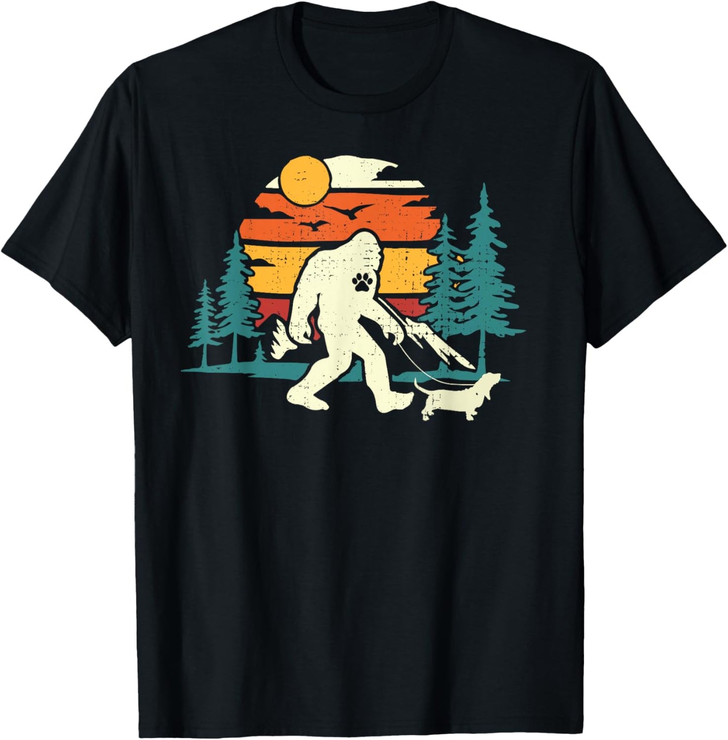 Retro Bigfoot Walking Basset Hound Dog Walker Sasquatch Women Girls Kids T-Shirt - T-Shirt | Black
