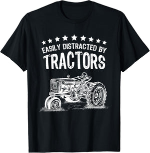 Vintage Easily Distracted By Tractors Shirt Funny Farmer T-Shirt - T-Shirt | Black