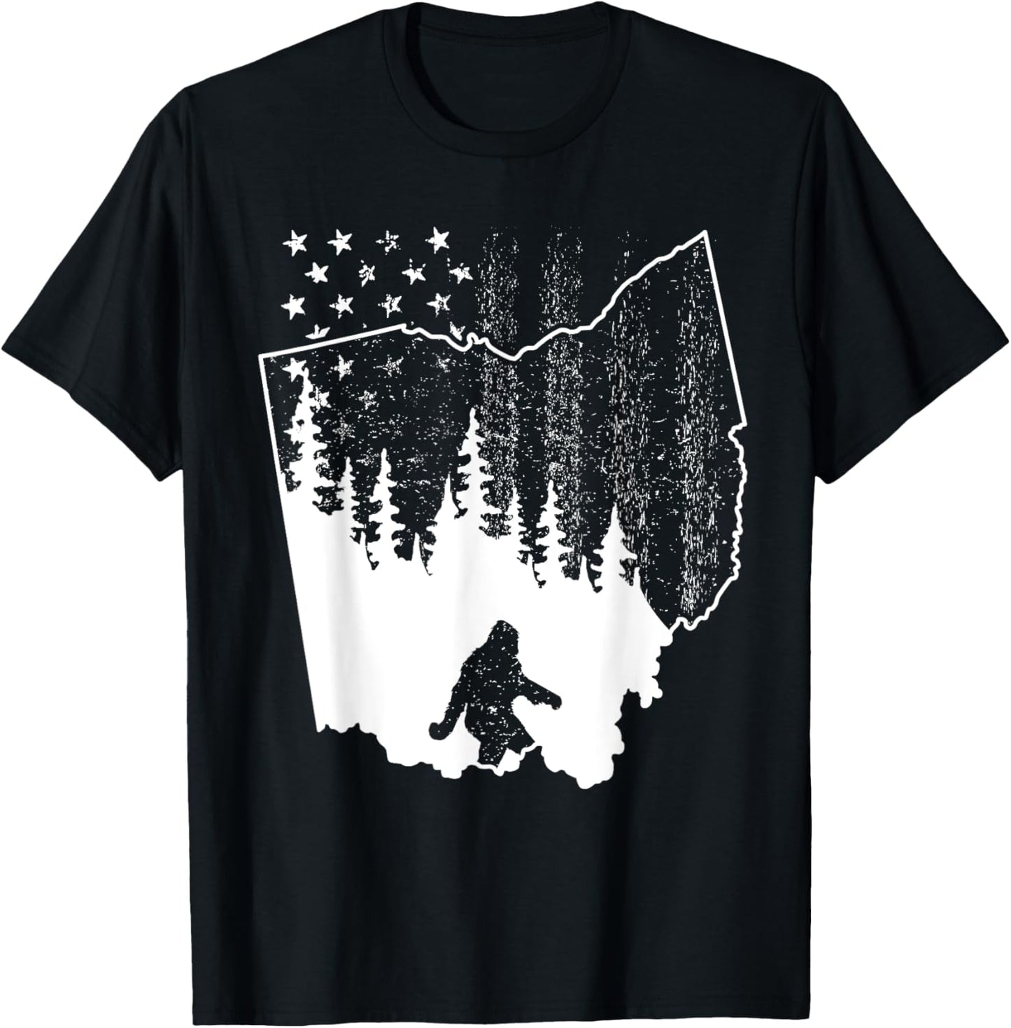 Ohio Bigfoot American Flag Sasquatch Usa Silhouette Ohio Map T-Shirt - T-Shirt | Black