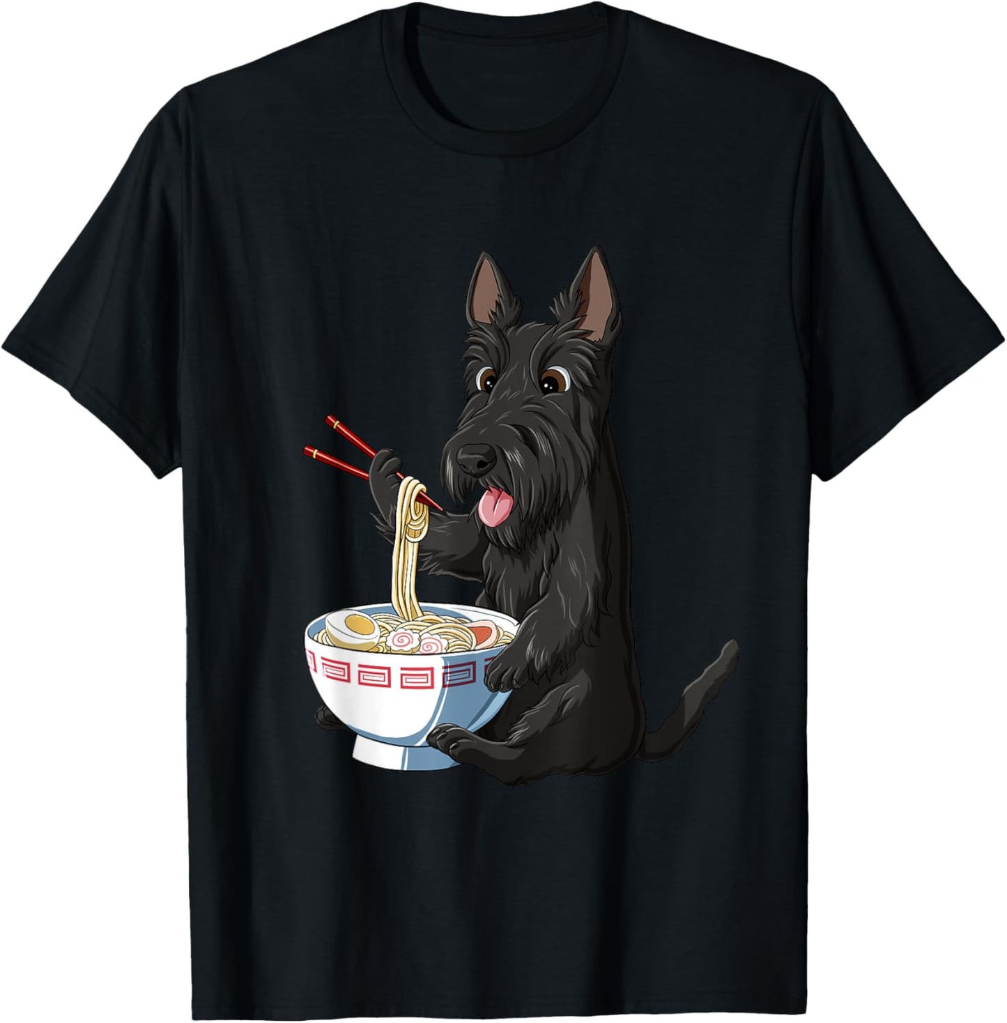 Funny Japanese Anime Dog Scottish Terrier Eating Ramen T-Shirt - T-Shirt | Black
