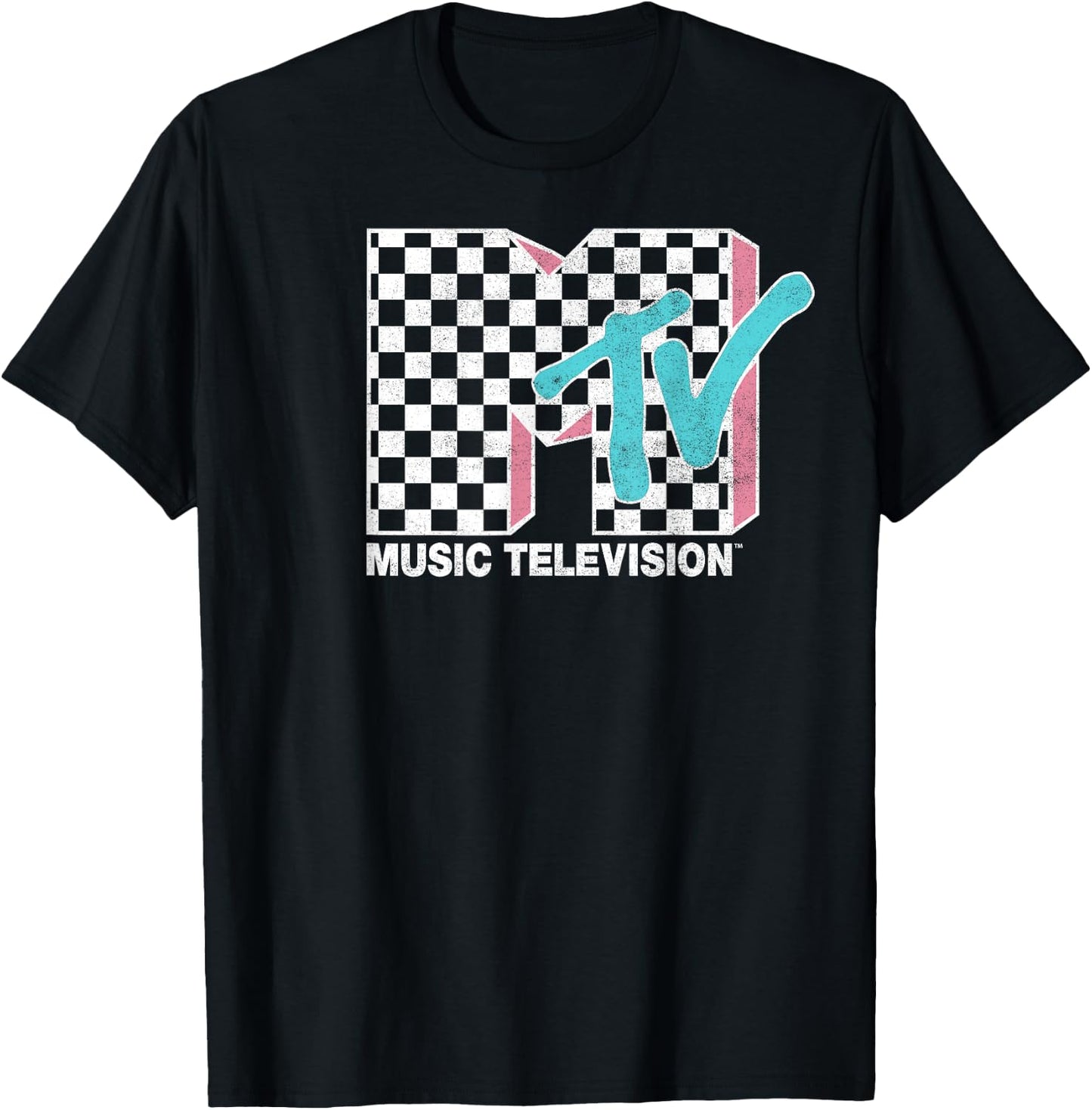 MTV Neon Distressed Checkered Logo Graphic T-Shirt - T-Shirt | Black