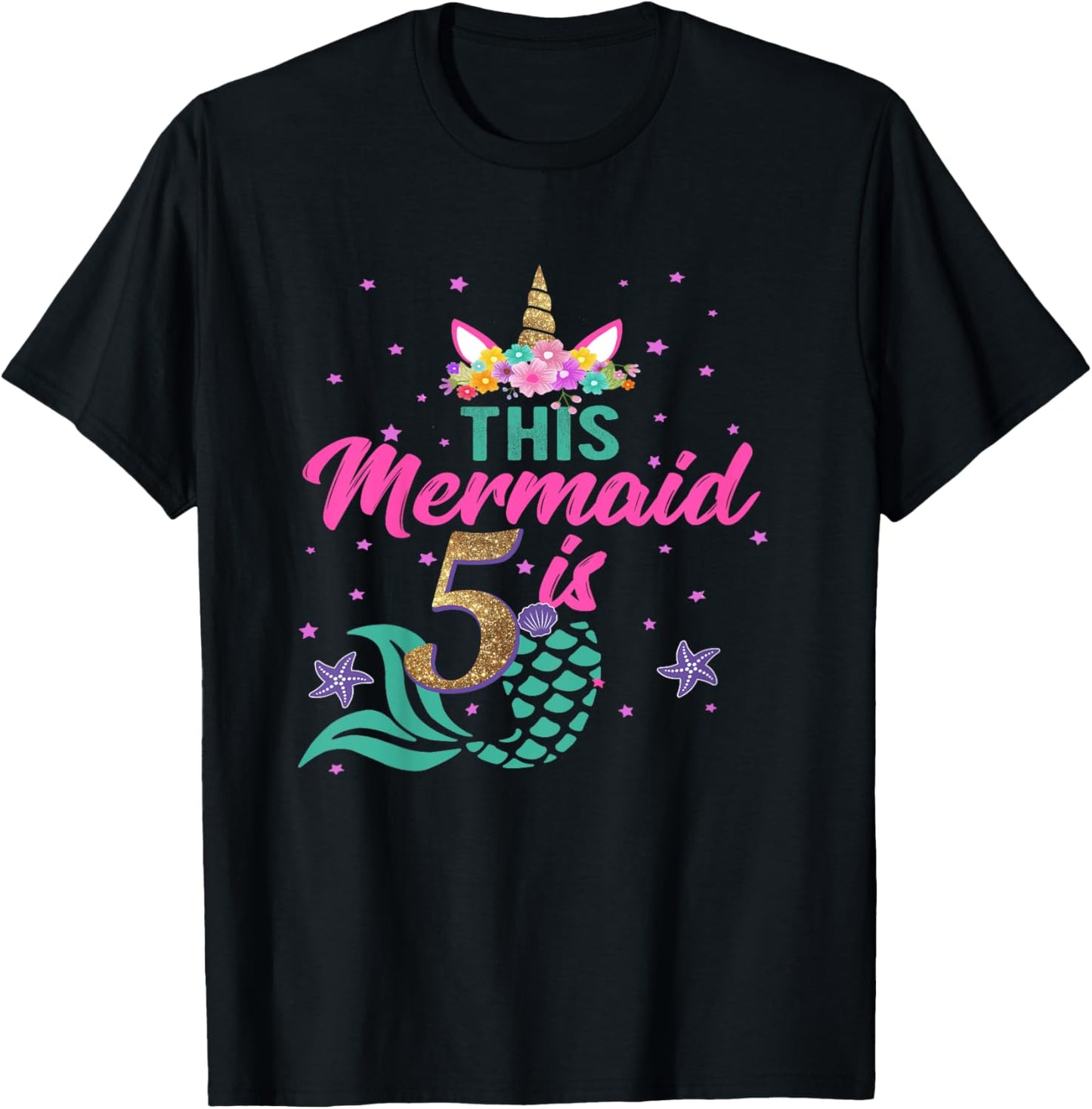 5th Birthday Girl Unicorn Shirt Mermaid Tail 5 Years Old T-Shirt - T-Shirt | Black