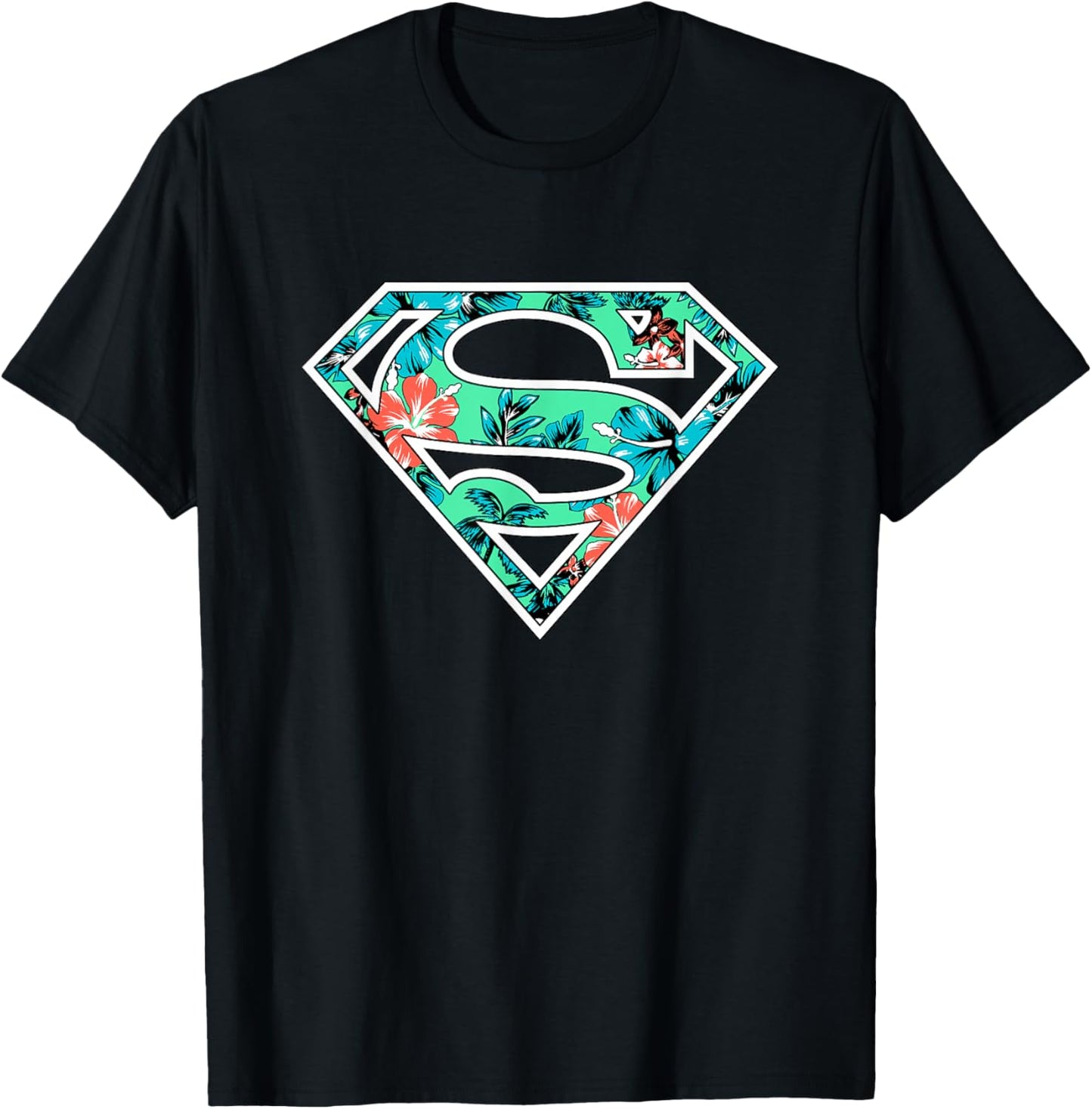 DC Comics Superman Classic Logo Tropical Flowers Pattern T-Shirt - T-Shirt | Black
