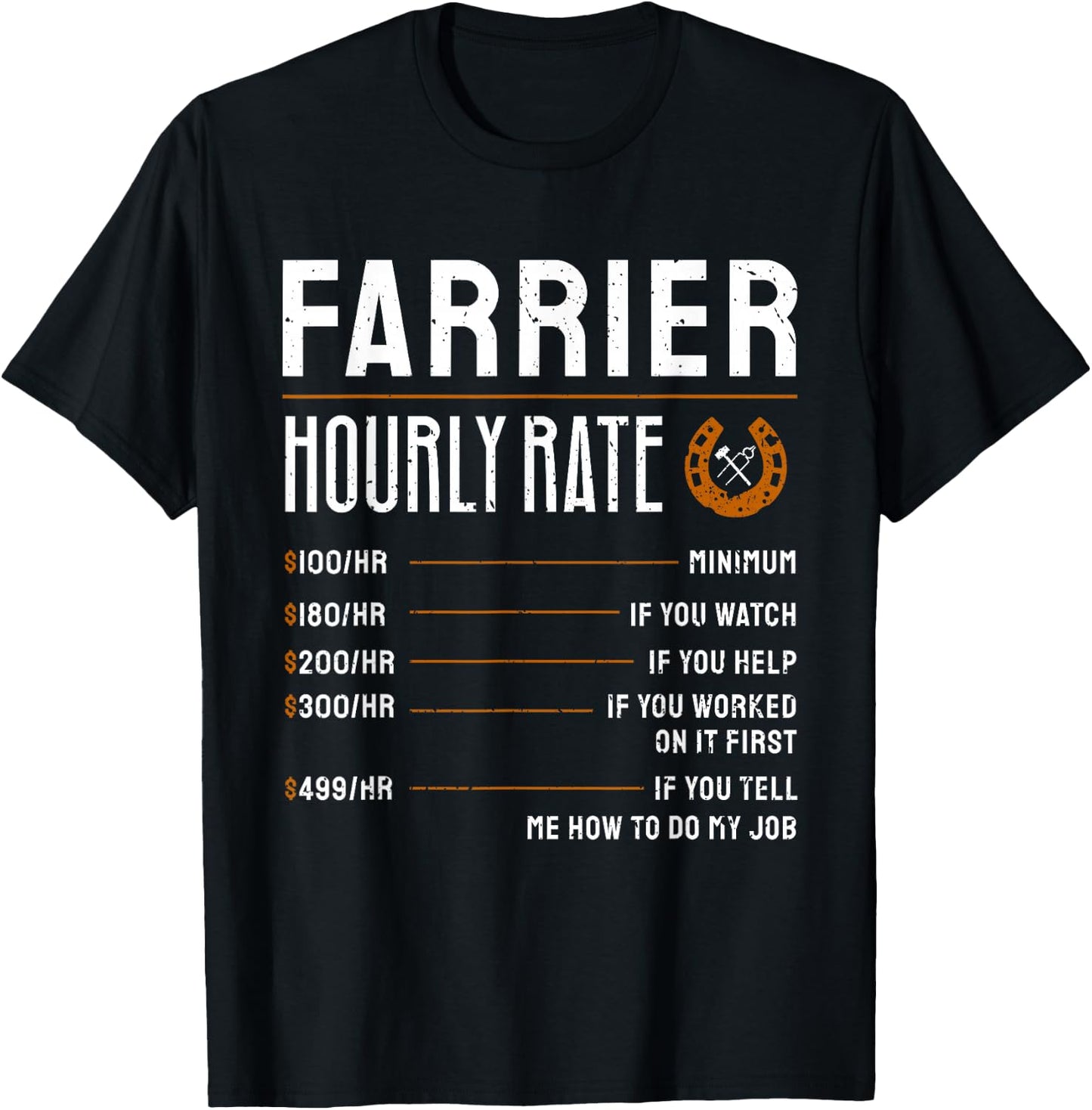 Horse Foot Care Specialist Job Title Wage Chart Funny Farrier Rates Labor Horseshoer Equine Hoof Worker Gift T-Shirt - T-Shirt | Black