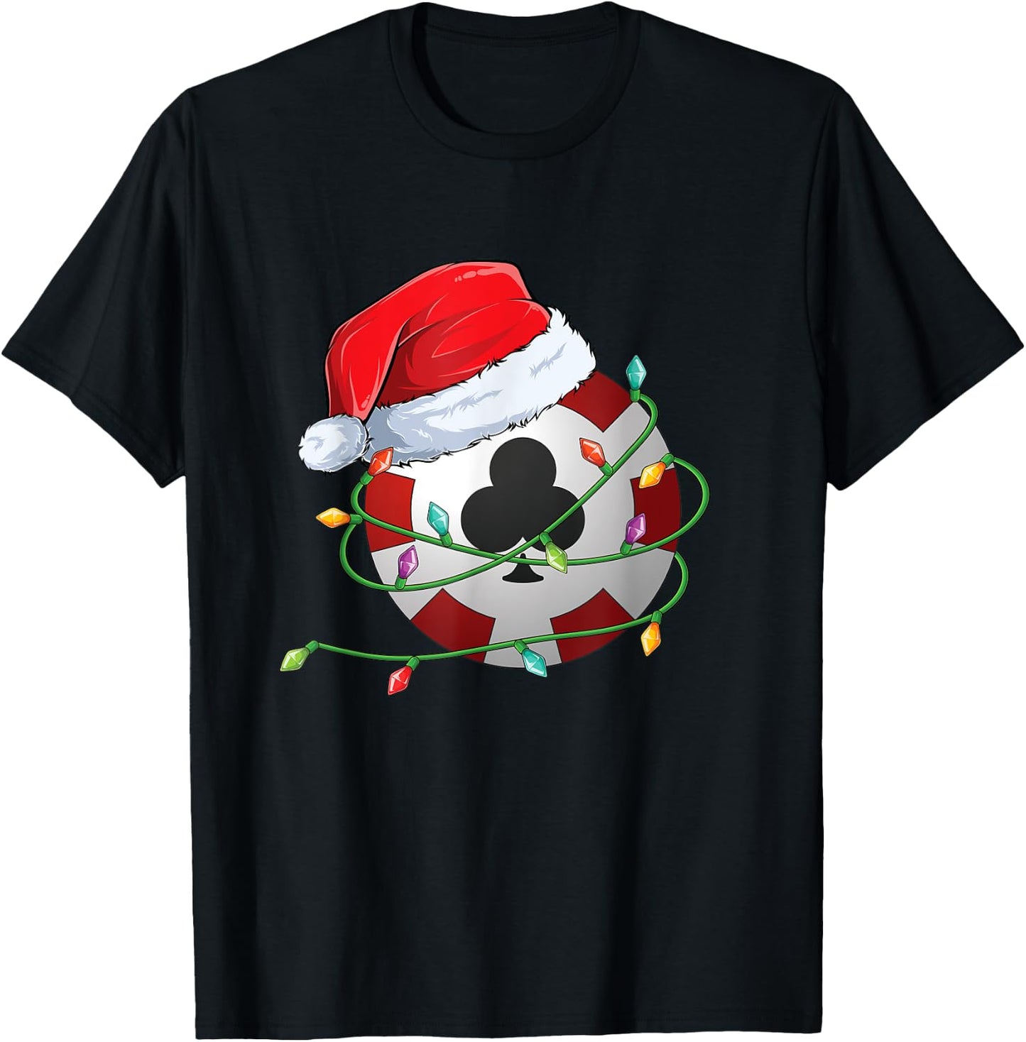 Christmas Poker Chip in Santa Hat wrapped in Holiday Lights T-Shirt - T-Shirt | Black