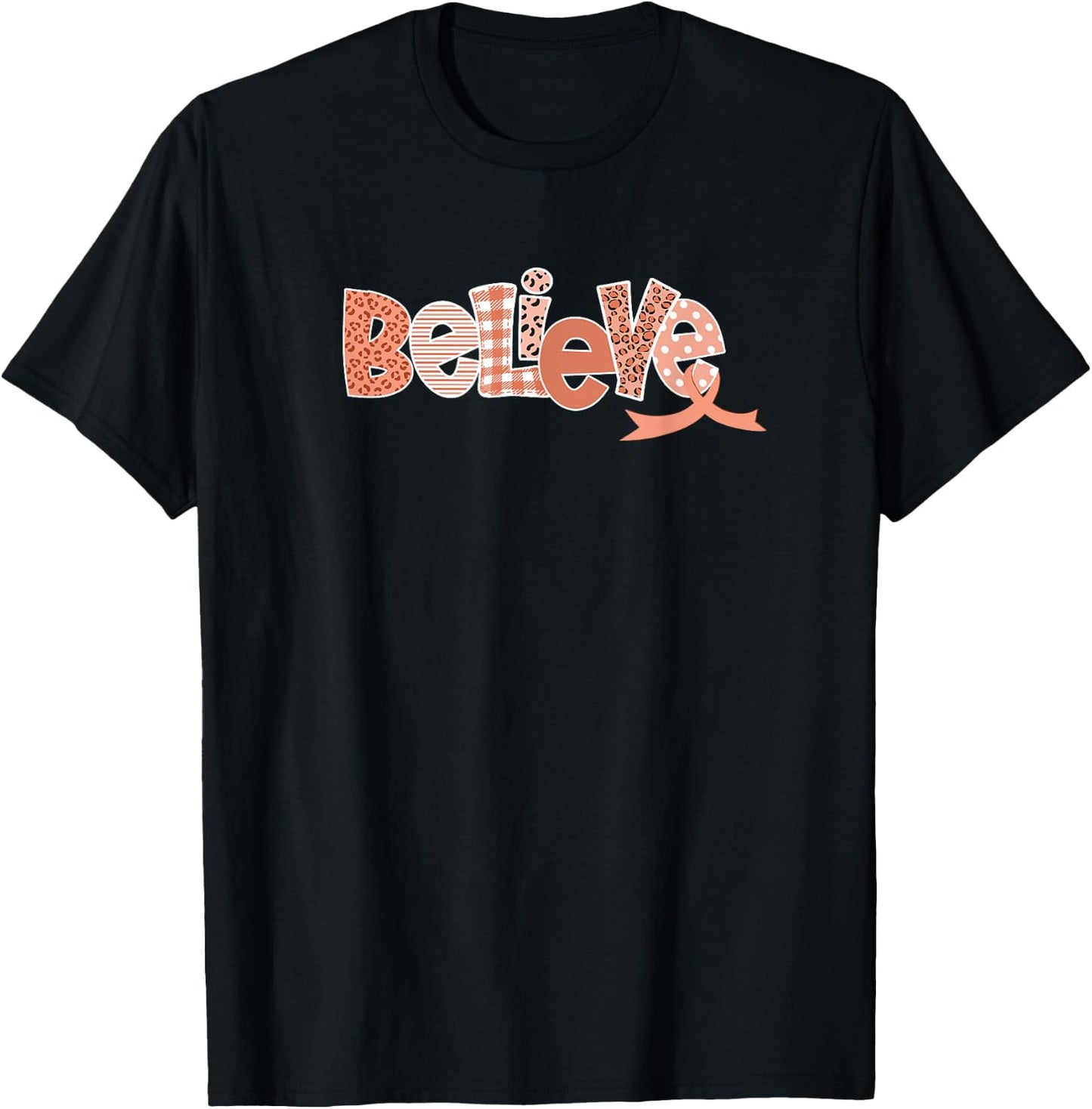 Uterine Cancer Believe Peach Ribbon Warrior Support T-Shirt - T-Shirt | Black