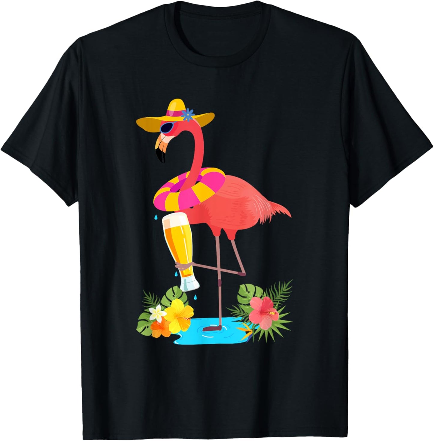 Pink Flamingo Drinking Beer Summer Vacation Beer Lover T-Shirt - T-Shirt | Black