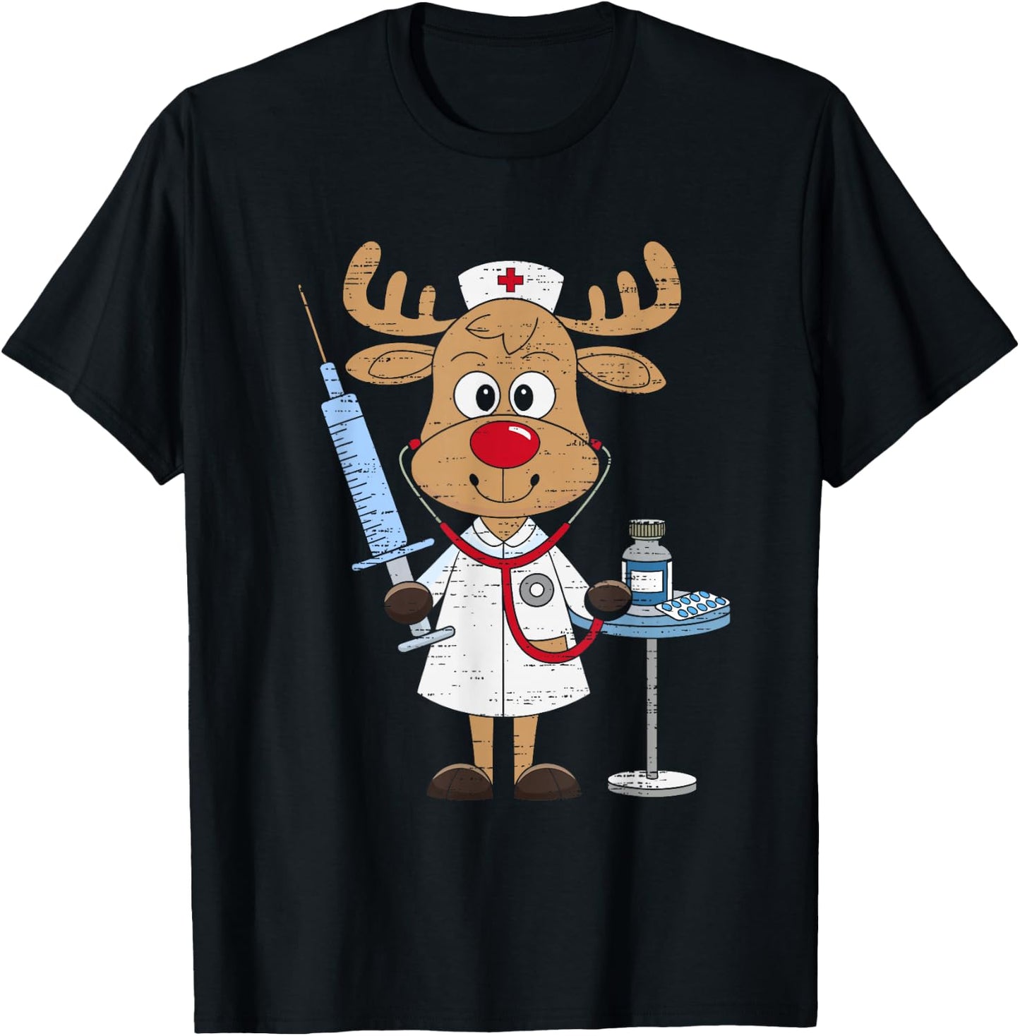 Reindeer Nurse Scrub Tops Christmas Stethoscope Nursing Xmas T-Shirt - T-Shirt | Black