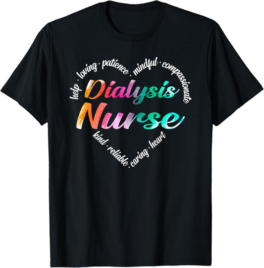 Dialysis Nurse Heart Word Cloud Watercolor Rainbow T-Shirt - T-Shirt | Black