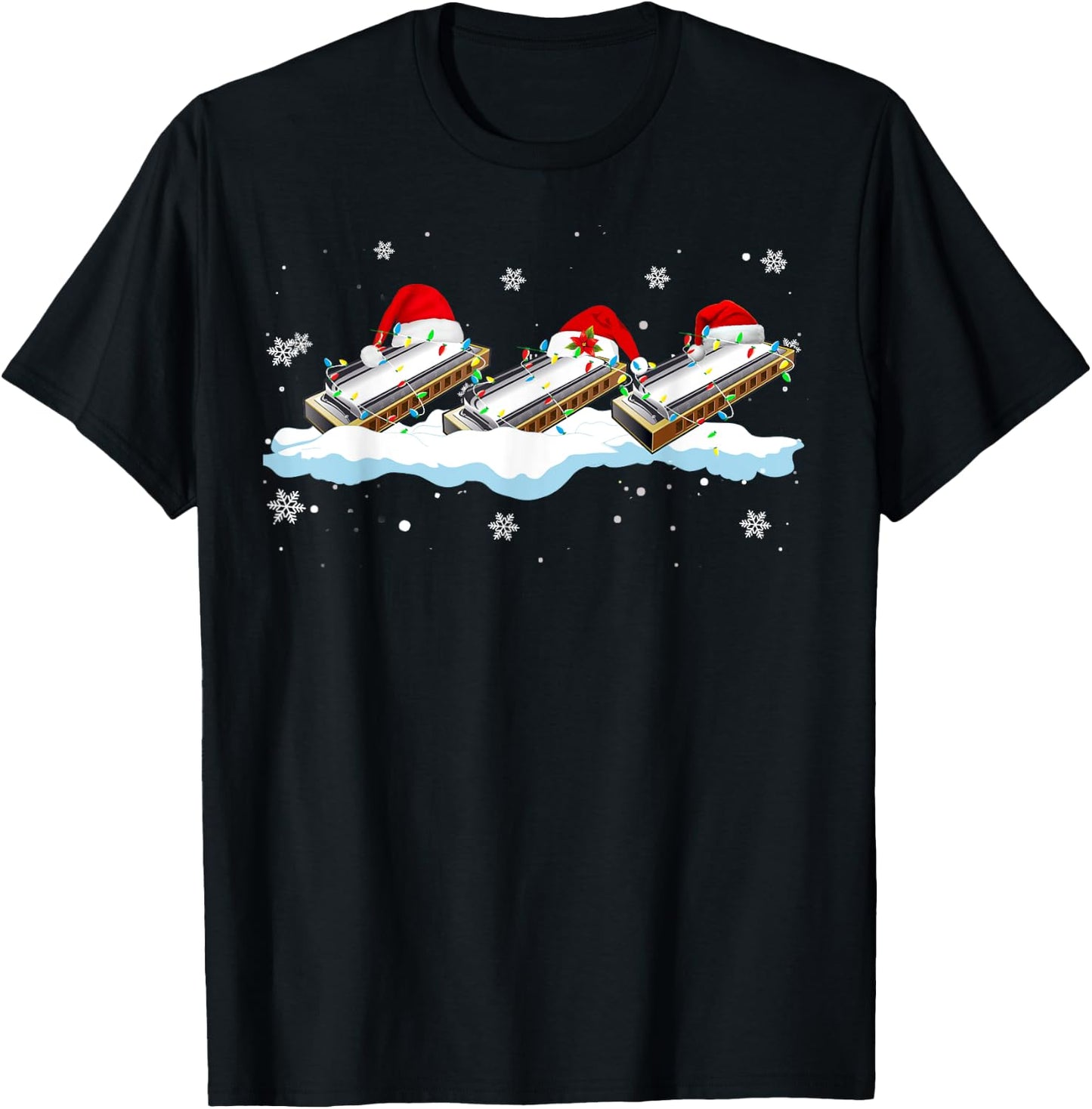 Santa Harmonica Christmas Lights Funny Harmonica Lover Gifts T-Shirt - T-Shirt | Black