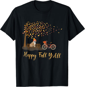 Happy Fall Y'All Funny English Bulldog Autumn Season Bicycle Women Kids T-Shirt - T-Shirt | Black