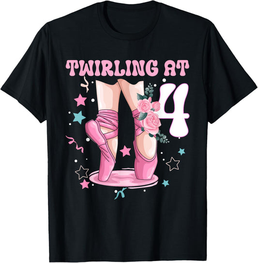 4th Birthday Ballet Ballerina Birthday Party 4 Year Old Girl T-Shirt - T-Shirt | Black