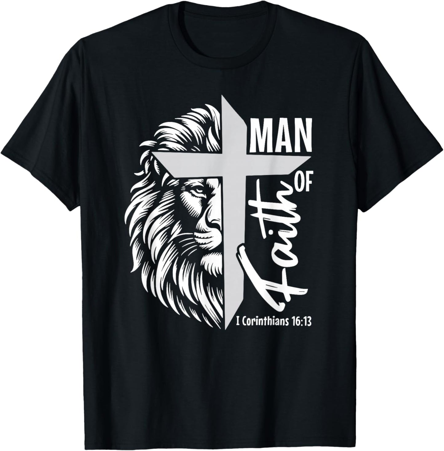 Man of Faith Lion Christian God Jesus Cross T-Shirt - T-Shirt | Black
